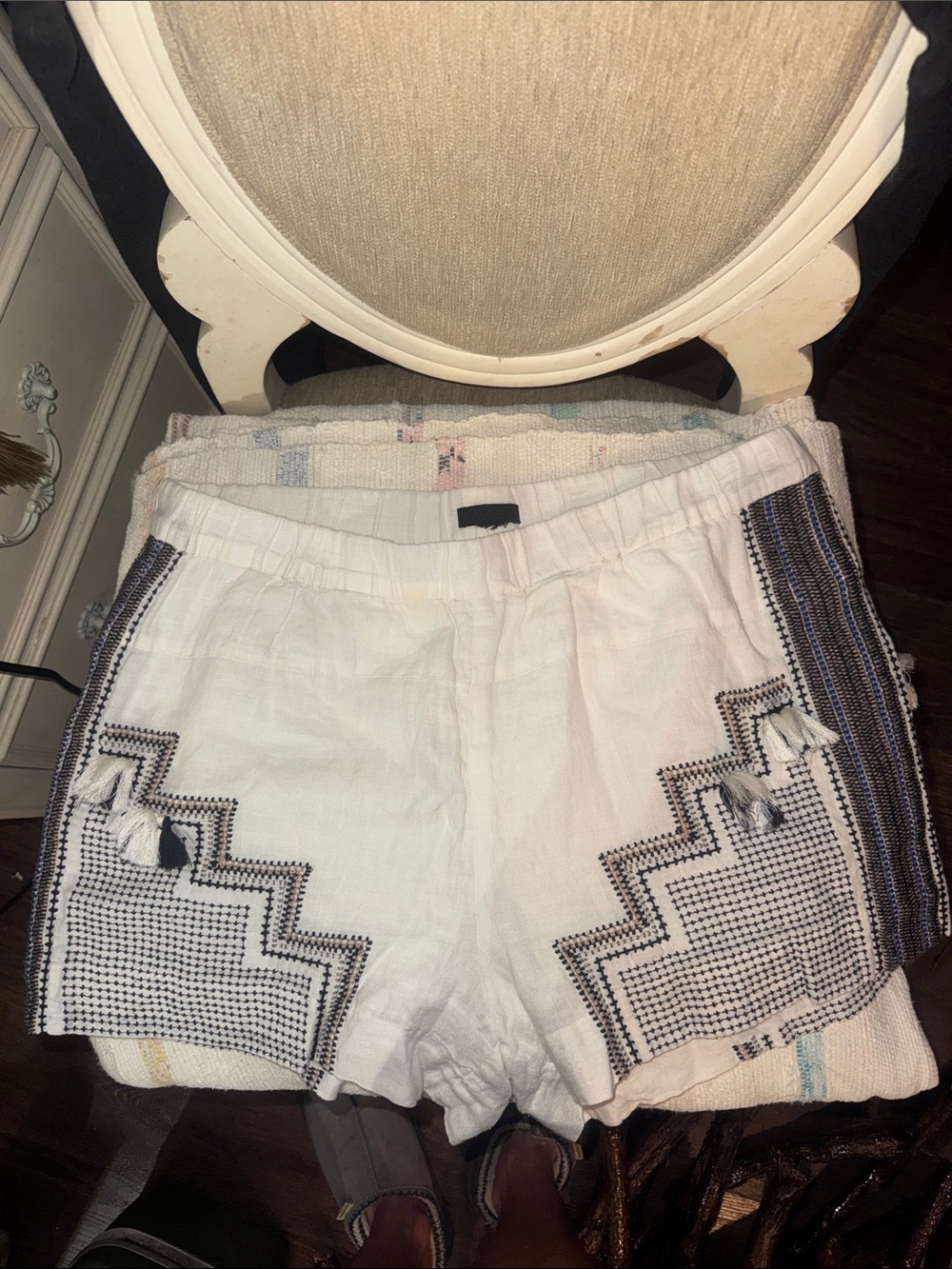 J Crew Embroidered White Women's Summer Shorts with tassel detail.